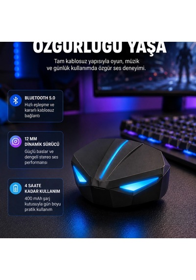 Tam Kablosuz Oyuncu Kulaklığı 5.0 Bluetooth Led Kontrollü Yeni Nesil 00