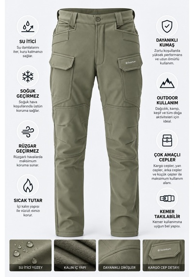 Dechers Erkek Kışlık İçi Polarlı Rüzgar Su Geçirmez Soft Shell Taktik Pantolon - E231 Bej