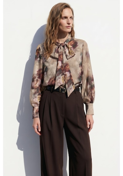 Sateen Fularlı Desenli Gömlek - Vizon-137422