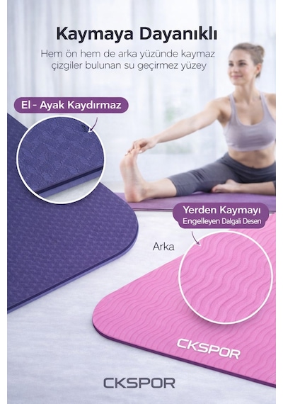 CKSpor Profesyonel Tpe Yoga Matı 6 Mm Kaymaz Taban Çift Katmanlı Spor Matı Pembe