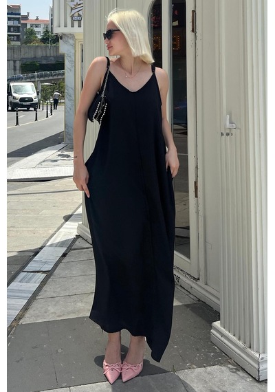 Madmext Siyah Askılı Oversize Uzun Elbise Mg2038-siyah