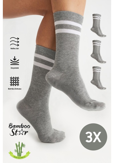 Bamboo Star Bambu Tenis Çizgili Premium Kolej Çorabı Unisex Gri Dikişsiz Soket Çorap 3'lü Paket