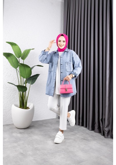 Harman Butik Kadın Taş Detaylı Kar Yıkamalı Denim Kot Ceket Mavi Mavi