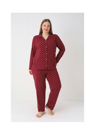 Estiva Kadın Puantiyeli Bordo Önden Düğmeli Soft Battal Pijama Takımı Çok renkli