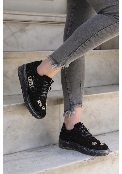 Astra Taşlı Desenli Şeffaf Taban Siyah Renkli Kadın Sneaker-siyah Siyah