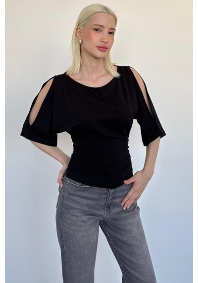 Madmext Siyah Belden Büzgülü Yarasa Kollu Açık Omuz Bluz Mg2672 Siyah