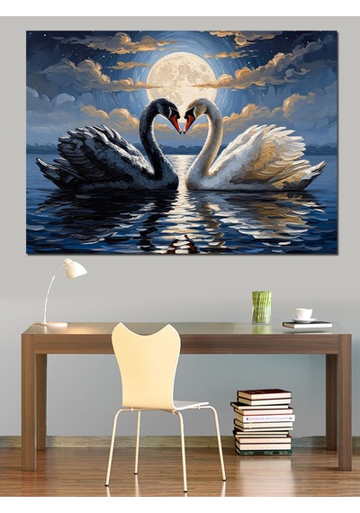 Ay Işığında Birleşen İki Kuğu Dekoratif Kanvas - Mdf Ahşap Tablo