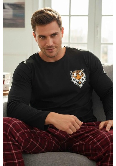Siyah İnci Deve Baskılı Uzun Kollu Örme Pijama Takım Siyah