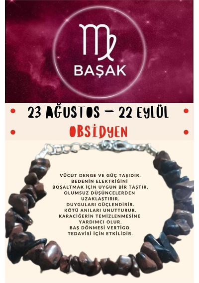 Gümüştel El Sanatları Sertifikalı Burç Taşı Başak Burcu Obsidyen Taşı Bileklik Çok Renkli