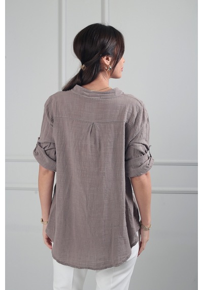 By Saygı Kadın Pul Detaylı Tek Cepli Oversize İthal Keten Gömlek Vizon