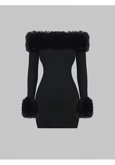 Bhrwear Kadın Modanna Kürk Yakalı Kısa Modal Elbise Renkli