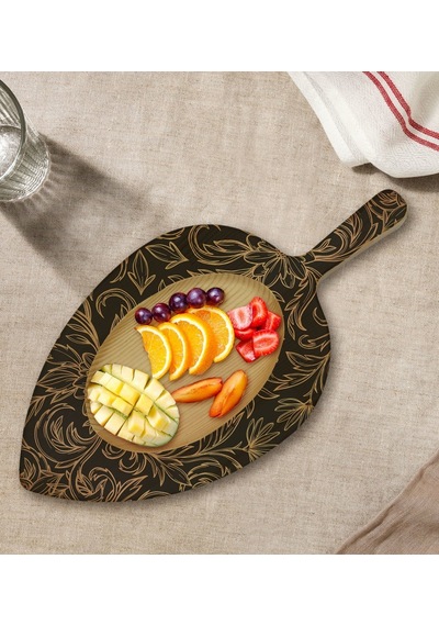 Bk Gift Retro Motif Tasarımlı Yaprak Şeklinde Doğal Ahşap Servis Ve Sunum Tabağı Model 18