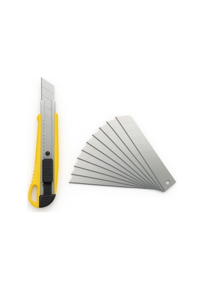Tr Profesyonel Maket Bıçağı, 10 Adet Yedek Paslanmaz Çelik Bıçaklı, 18 Mm Segmentli, Ergonomik Kaymaz Sarı Sap,
