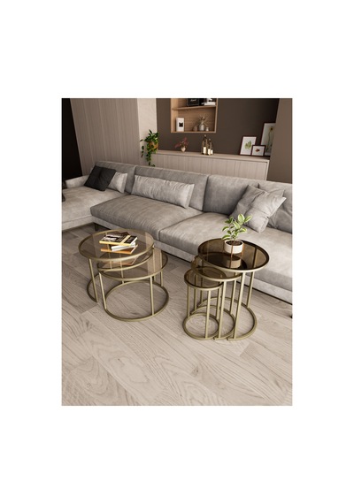 Milas Orta Ve Zigon Sehpa Seti Ø60-47 Mat Gold Metal, Temperli Bronz Cam Eskitme Bronz Milas Orta Ve Zigon Sehpa Seti Ø60-47 Mat Gold Metal, Temperli Bronz Cam Eskitme Bronz