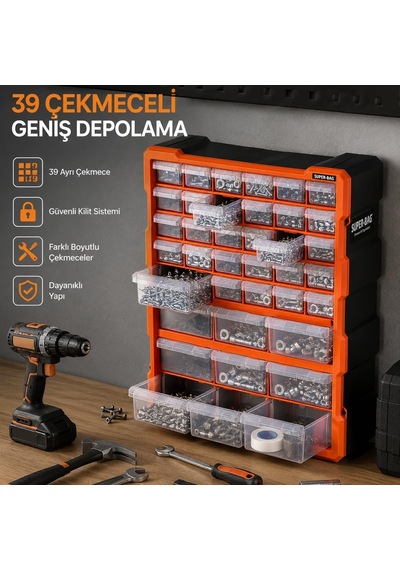 Süper Bag 39'lu Mono Blok Çekmece Seti Büyük Boy Hobby Organizer Seti Vida Dübel Kutusu Takı Kutusu Asr6001