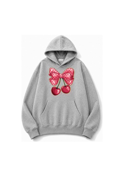 Herkesemoda Kurdele Kiraz Baskılı Kapüşonlu 2 İplik Şardonlu Sweatshirt Gri