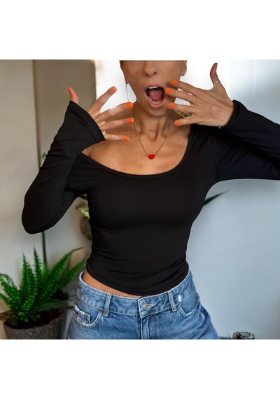 İbeeka Yeni Sezon Prenses Yaka Siyah Renk Uzun Kollu Pamuklu Body / Bluz Siyah