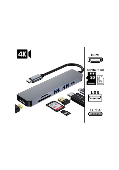Fxn-10c 6ın1 Type-c To Usb 3.0 Sd Tf 4k Hd Hdmı Pd Adaptör