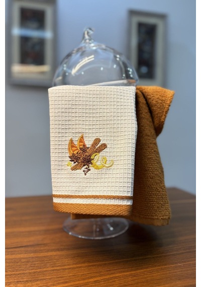2 Li Mutfak Havlusu Portakal & Tarçın Nakışlı Kurulama Bezleri - 40x60 Cm Kiremit