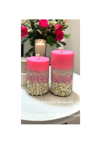 Dekoratif Taşlı Pembe Mum 2 Li Özel Tasarım