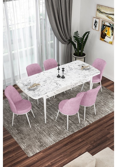 Canisa Kor Serisi, Beyaz Mermer Desen 70x114 Açılabilir Yemek Masa Takımı,6 Pembe Sandalye Masa Beyaz Mermer Desenli Sandalyeler Pembe Canisa Kor Serisi, Beyaz Mermer Desen 70x114 Açılabilir Yemek Masa Takımı,6 Pembe Sandalye Masa Beyaz Mermer Desenli Sandalyeler Pembe