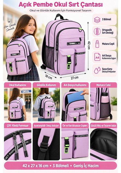 Okul Sırt Çantası Açık Pembe 3 Bölmeli Ortopedik Matara Cepli 42x27x16cm Çok Renkli