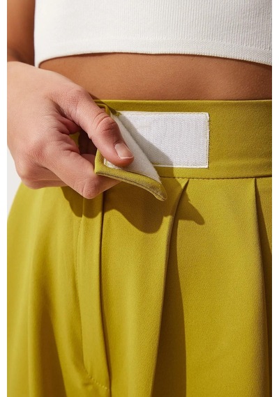 Trend Alisse Kadın Beli Cırt Cırtlı Pileli Bol Paça Palazzo Pantolon Wide Leg Yağ Yeşili Trend Alisse Kadın Beli Cırt Cırtlı Pileli Bol Paça Palazzo Pantolon Wide Leg Yağ Yeşili