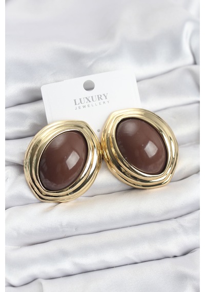 Pirinç Kahverengi Badem Model Vintage Gold Kadın Küpe Renkli