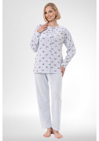 Mecit Pijama Mecit 6315 Mavi Kadın Boydan Düğmeli Büyük Beden Pijama Takımı Mavi