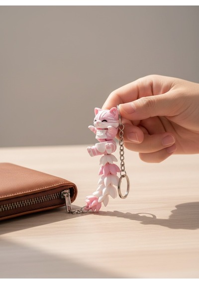 Kuyruklu Pembe Kedi Figürlü Hareketli Anahtarlık