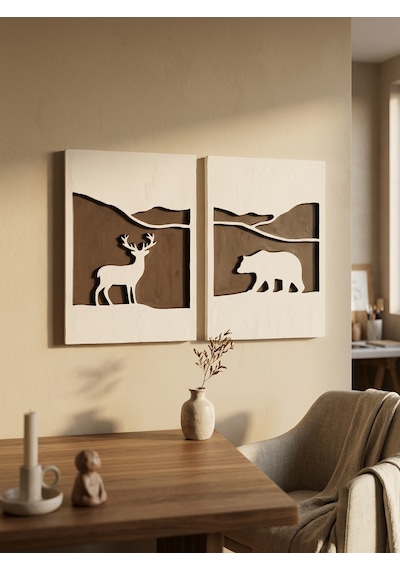 Kaveld Nordic Spirit 2'li Duvar Sanatı Seti - Minimalist Iskandinav Nordic Kazıma Tablo, Bejvekahverengi