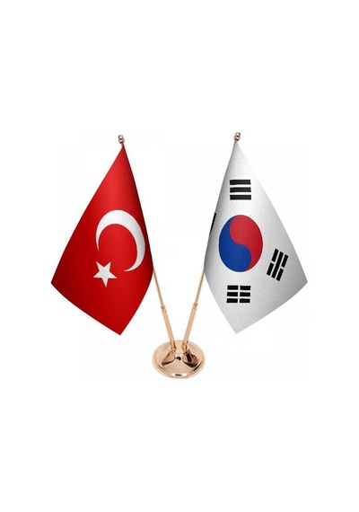 Masa Üstü Güney Kore Bayrağı Türk Bayrağı İkili Pirinç Direk Masa