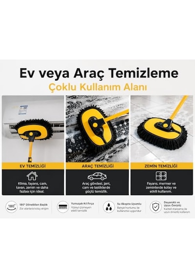 Krafz Oto Yıkama Mopu - Çift Kilit Sabitleme Sistemli Teleskopik Saplı,eğimli Başlık Ve Geniş Mikrofiber Yıkama Paspası, Çizmez Araç, Cam, Karavan Ve Tekne Temizleme Fırçası Lüx Mob