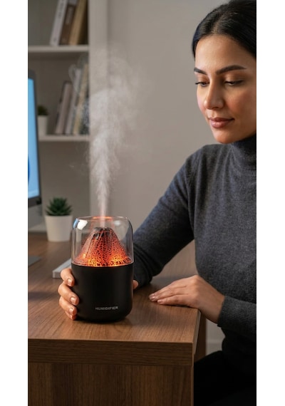 Volkan Efektli Ultra Sessiz LED Işıklı Gece Lambası & Değişen Renk Modlu Ultrasonik Hava Nemlendirici & Aroma Difüzör