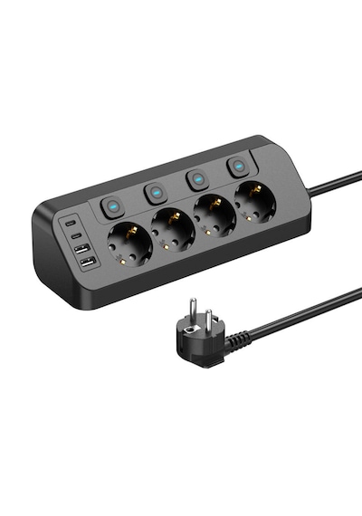 Akım Korumalı 4 Lü Priz 3680w 2 Usb-a + 2 Type-c Bireysel Anahtarlı Aşırı Yük & Isı Korumalı Çoklu Priz 2 M