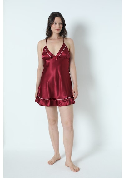 Alissa Kadın Bordo Saten Çeyiz Seti 6 Parça Beyaz Biyeli Sabahlık Gecelik Pijama Şortlu Takım 8630 Bordo