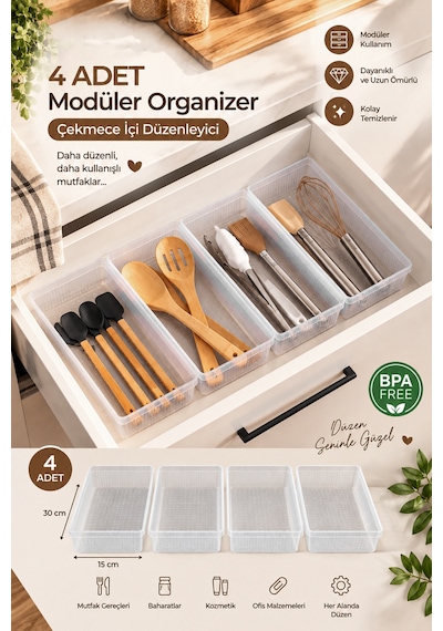 Porsima 0383 4'lü Modüler Çekmece İçi Organizer Seti 30x15 Cm Şeffaf Mutfak, Kaşıklık, Kozmetik Ve Ofis Düzenleyici