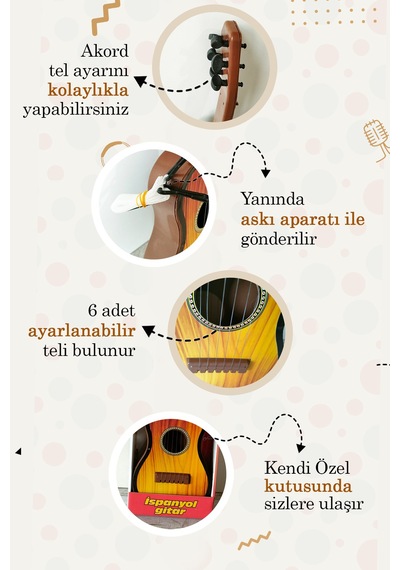 Kahverengi Oyuncak Ispanyol Gitar 6 Telli Akort Edilebilir 48 Cm