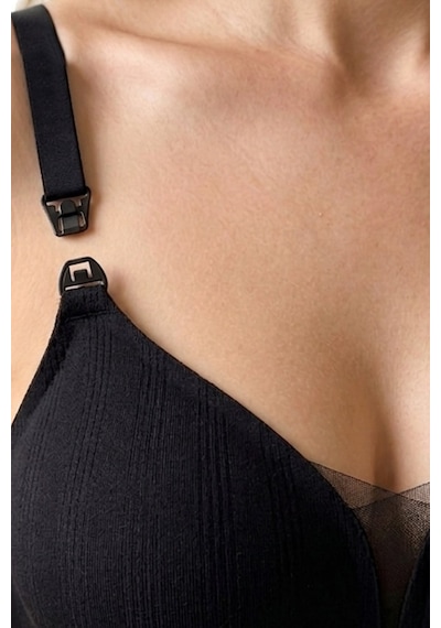 Cottonill Seamless Bra - Nuvia Siyah Lazer Kesim Klipsli Önden Açılabilir Rib Dokulu Dikişsiz Emzirme Sütyeni