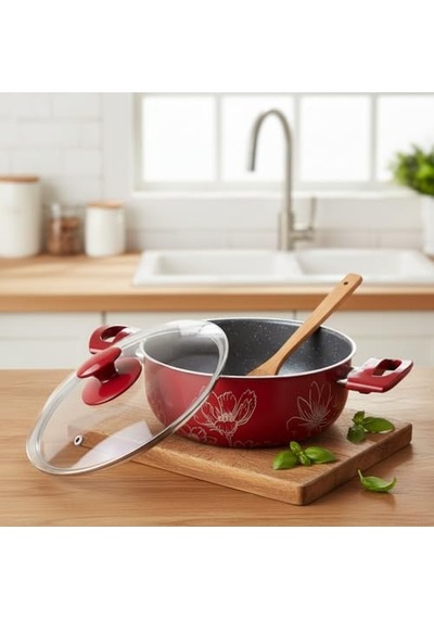 Lotus 22 Cm Derin Tencere - Kırmızı Üzeri Beyaz Çiçek Desenli Cam Kapaklı Diğer