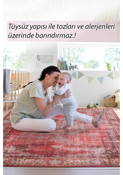 Artloop Blues Şönil Vintage Desenli Dokuma Taban Dekoratif Kırmızı Salon, Mutfak Halısı Al 119