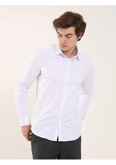Dufy Beyaz Erkek Slim Fit  Klasik Yaka Uzun Kol Gömlek - 88164 Beyaz