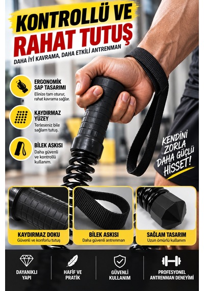 2'li Set 46 Cm Kablosuz Savaş Halatı Yaylı Egzersiz Aleti Evde Fitness Ergonomik Bilek Askılı Sporcu Siyah