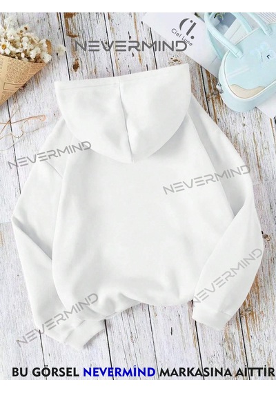 Unisex Nevermind Slogan Baskılı Oversize Baskılı Kapşonlu Sweatsh Beyaz