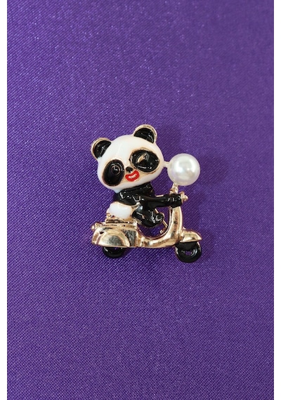 Bir Tutam Neşe Motorlu Yavru Panda Broş Taşlı İncili Gold Siyah Beyaz Pandalı Kadın Yaka İğnesi Siyah - Beyaz