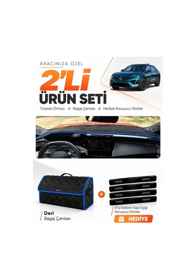 Peugeot 408 2022-2026 Uyumlu Torpido Örtüsü + Deri Bagaj Çantası + Sticker Seti - Siyah Mavi