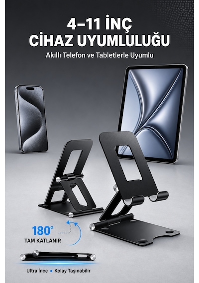 Taşınabilir Katlanabilir Metal Masaüstü Telefon Tablet Standı Ayarlanabilir Tutucu Kaymaz Taban 4-11 İnç