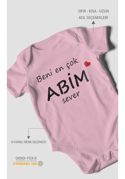 Beni En Çok Abim Sever Baskılı Bebek Zıbını Çıtçıtlı Body %100 Pamuk Kısa Kol Koyu Pembe