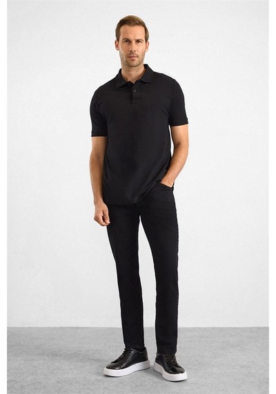 Süvari Siyah Slim Düz Nakışlı Pike Düğmeli Polo Yaka Tişört Ts1014000474-s09