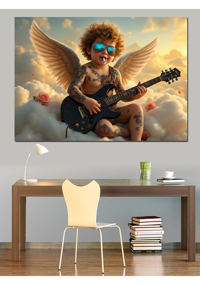 Melek Kanatlı Gitarist Çocuk Dekoratif Kanvas - Mdf Ahşap Tablo